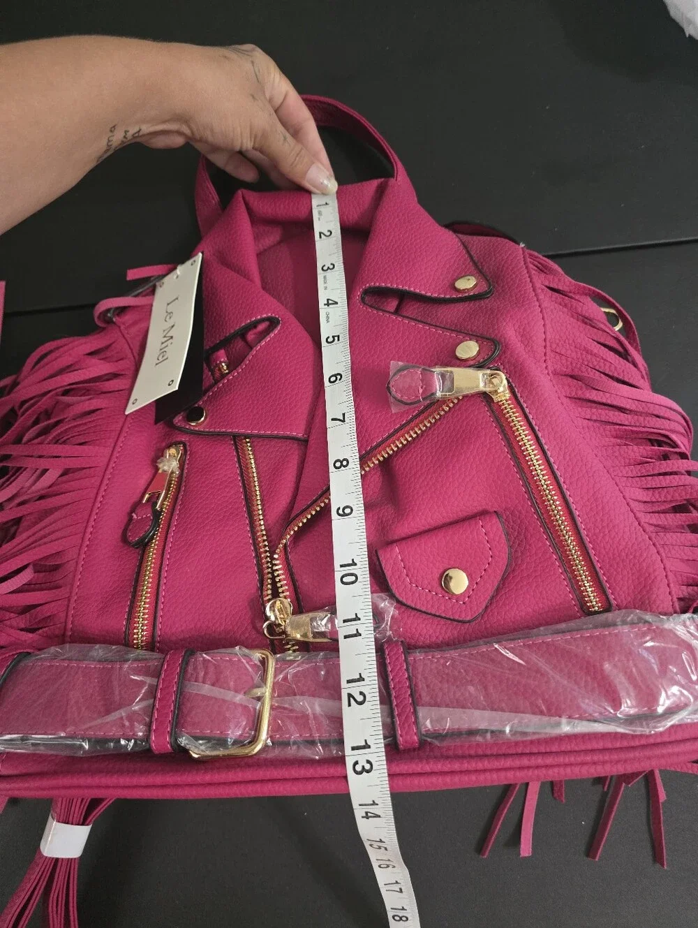 New LE Miel Vegan Hot Pink Fringe Moto Backpack Bag with Gold Hardware